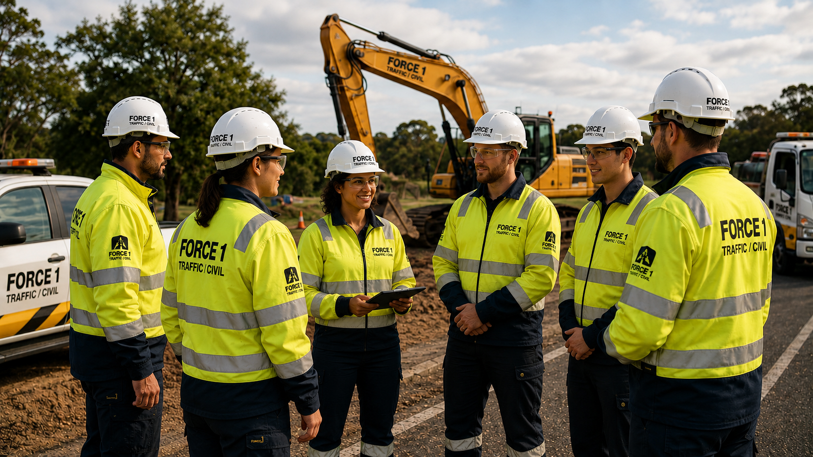 A Force 1 Traffic/Civil crew in branded hi-vis at a roadside site briefing