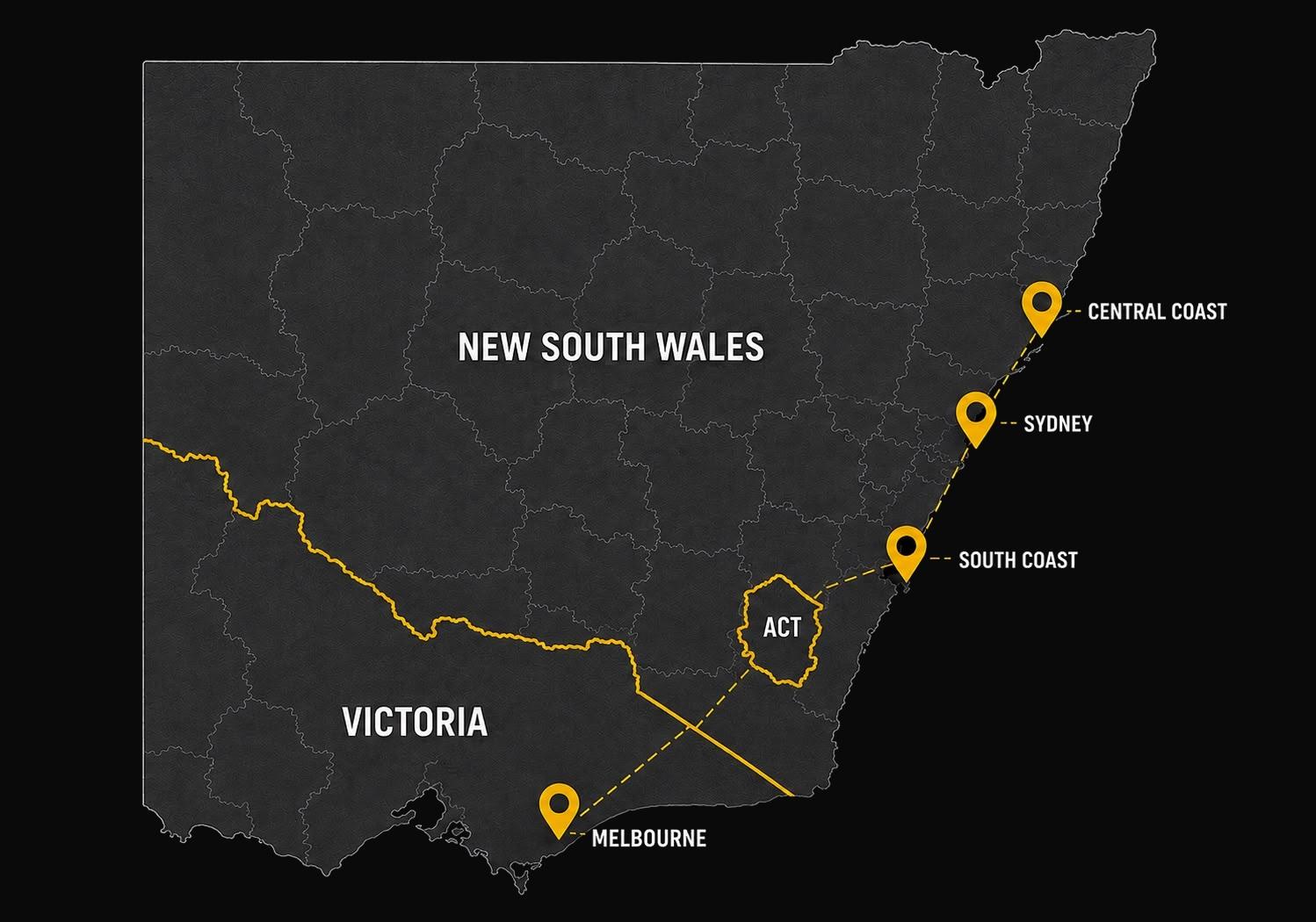 Map of New South Wales, the ACT and Victoria with the Central Coast, Sydney, South Coast and Melbourne service locations marked